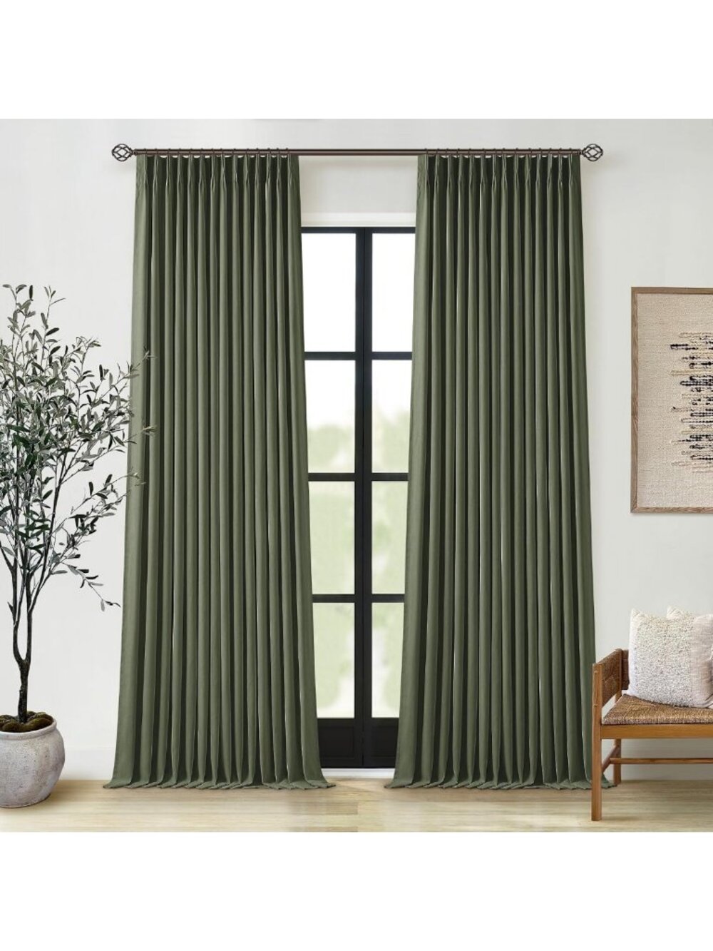 Olive Green Pleated Linen Blackout Curtains - 102 Inch, 2 Panels for Bedroom